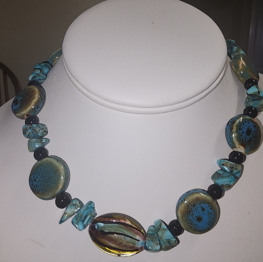 Artisan Blue Stone Glass and Ceramic Choker